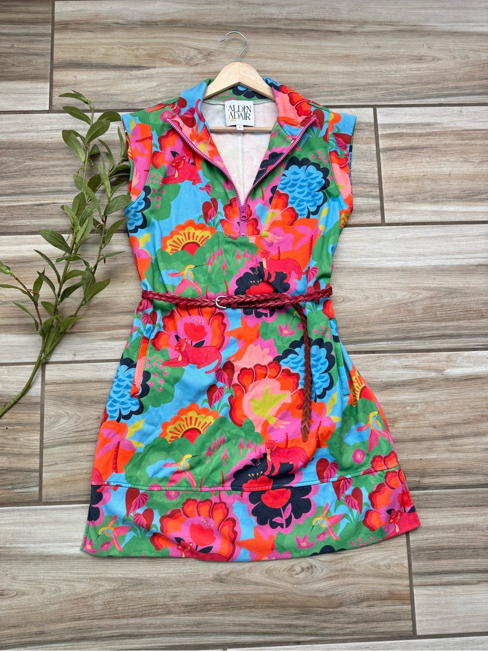 Alden Adair Floral Tiger Dress Small Belted Mini Hummingbird Resort Statement